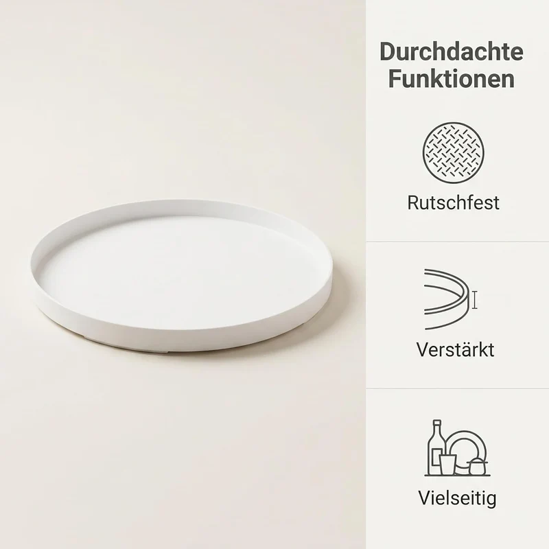 4 Stück Deko Tablett rund, Serviertablett 30 x 30 x 2,3 cm PP‑Kunststoff Weiss rutschfest, Servierpl
