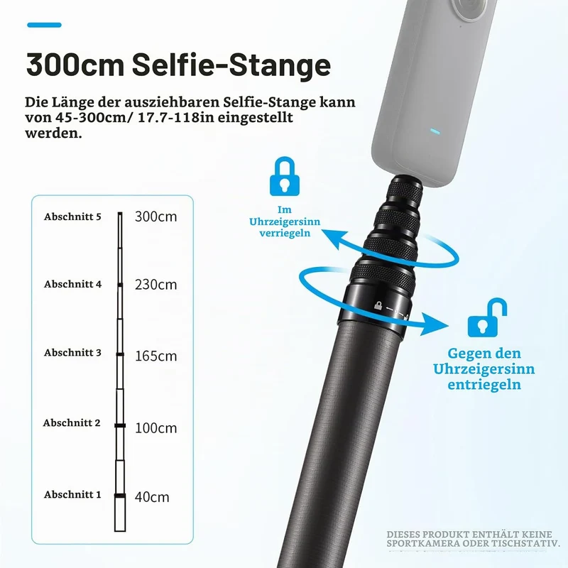 3 Meter Selfie Stick Invisible für Actionkamera, Camnoon Kohlefaser Verstellbare Verlängerung 262G m