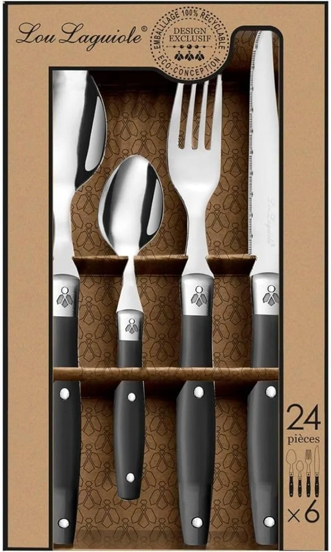 Lou Laguiole Steakbesteck | Steakmesser Set 24-teilig | Besteck für 6 Personen | Schwarz | Wellensch