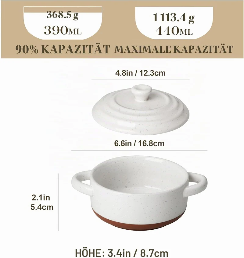 MALACASA Mini Cocotte Set 440 ml, 4 Stück Auflaufform Klein aus Steingut mit Deckel und Griffen, für