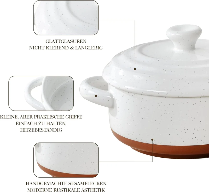 MALACASA Mini Cocotte Set 440 ml, 4 Stück Auflaufform Klein aus Steingut mit Deckel und Griffen, für