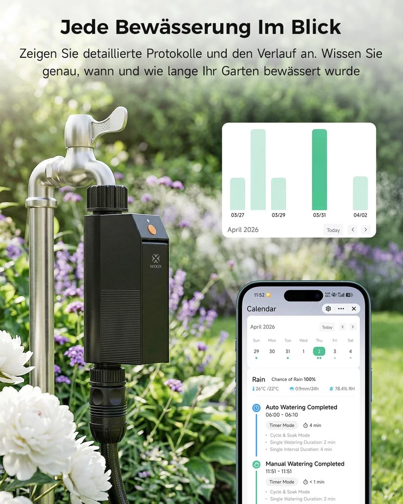 WOOX Smart WLAN Bewässerungscomputer, Kein Hub Erforderlich 2,4GHz Bewässerungsuhr, App/Sprachsteuer