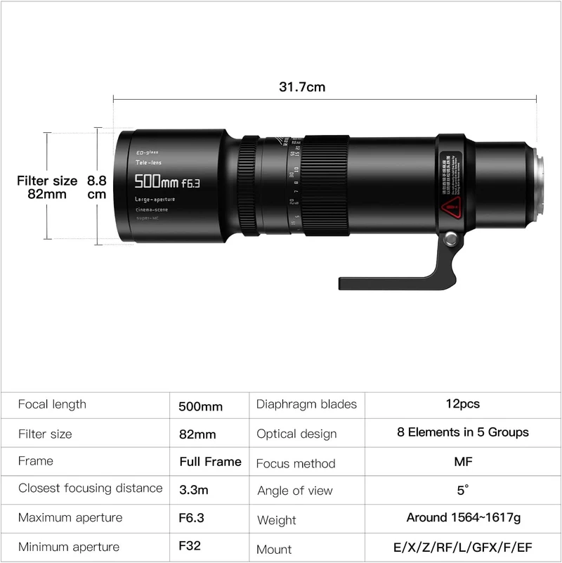 TTARTISAN 500 mm F/6.3 Teleobjektiv für L-Mount, Vollbild, manueller Fokus, Prime-Superteleobjektiv,