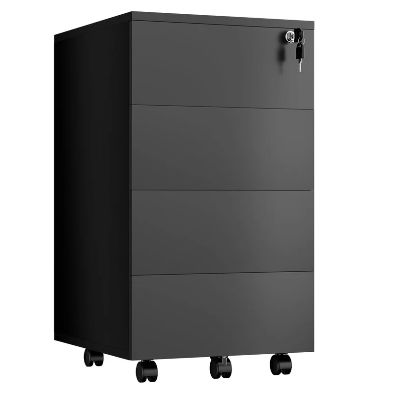 Rollcontainer Abschliessbar mit 4 Shubladen, Büroschrank Schwarz mit Rollen Schwarz 39×45×69 cm 4, S