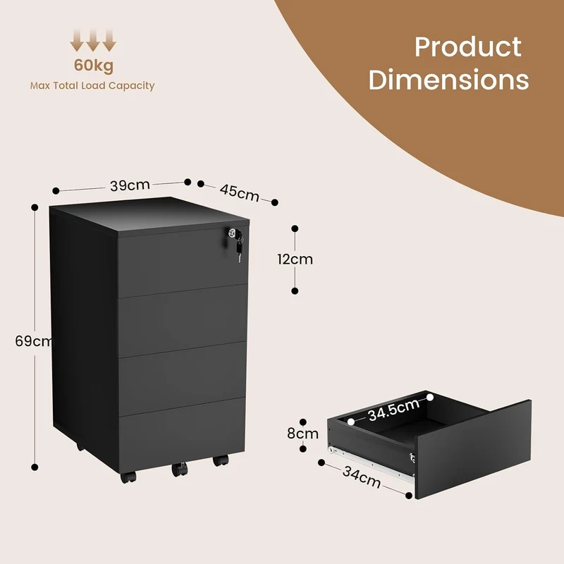 Rollcontainer Abschliessbar mit 4 Shubladen, Büroschrank Schwarz mit Rollen Schwarz 39×45×69 cm 4, S