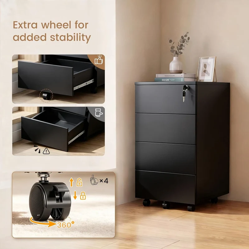 Rollcontainer Abschliessbar mit 4 Shubladen, Büroschrank Schwarz mit Rollen Schwarz 39×45×69 cm 4, S