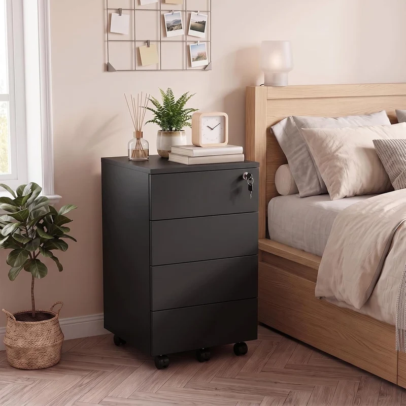 Rollcontainer Abschliessbar mit 4 Shubladen, Büroschrank Schwarz mit Rollen Schwarz 39×45×69 cm 4, S