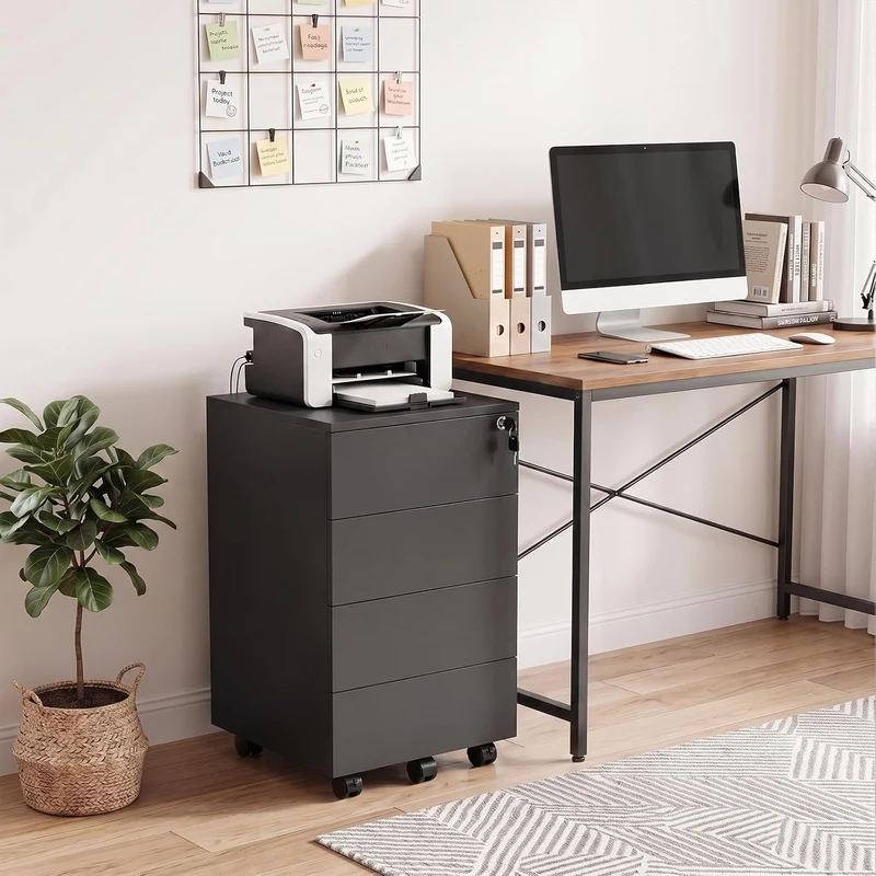 Aktenschrank Abschliessbar mit 4 Shubladen, Büroschrank Schwarz mit Rollen Schwarz 39×45×69 cm 4, Sc