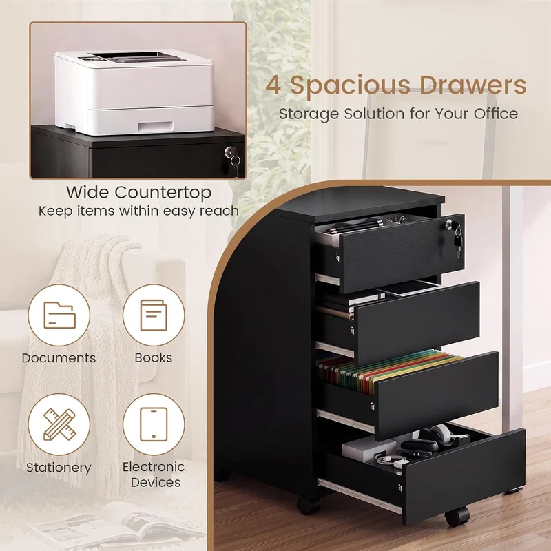 Aktenschrank Abschliessbar mit 4 Shubladen, Büroschrank Schwarz mit Rollen Schwarz 39×45×69 cm 4, Sc