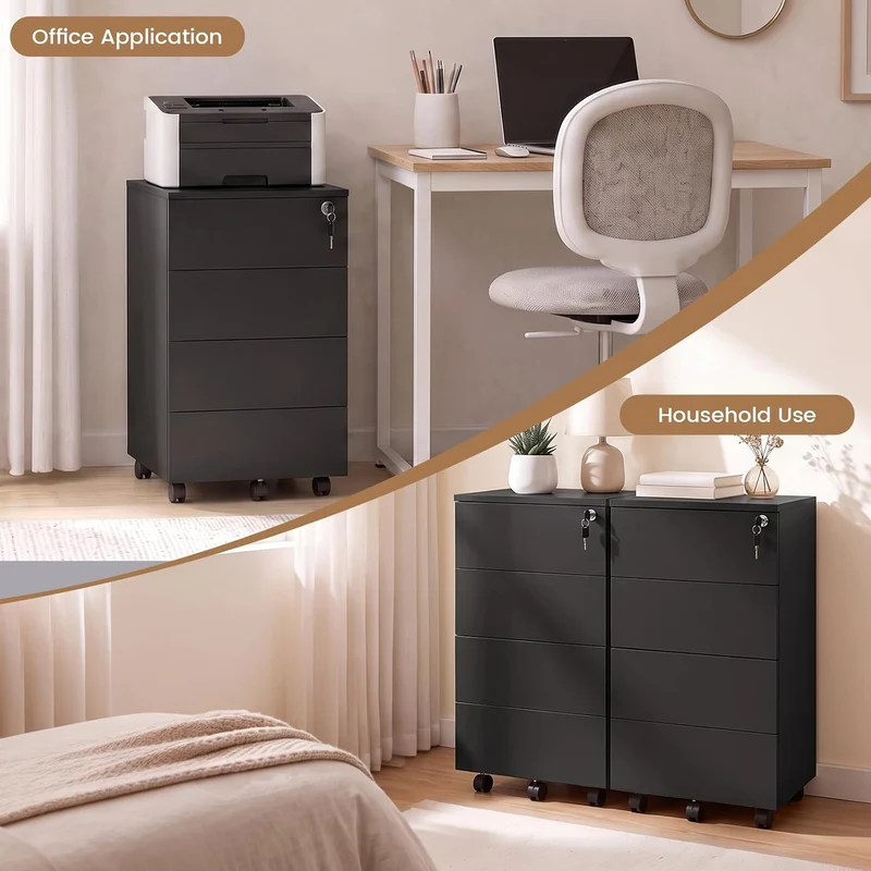 Aktenschrank Abschliessbar mit 4 Shubladen, Büroschrank Schwarz mit Rollen Schwarz 39×45×69 cm 4, Sc