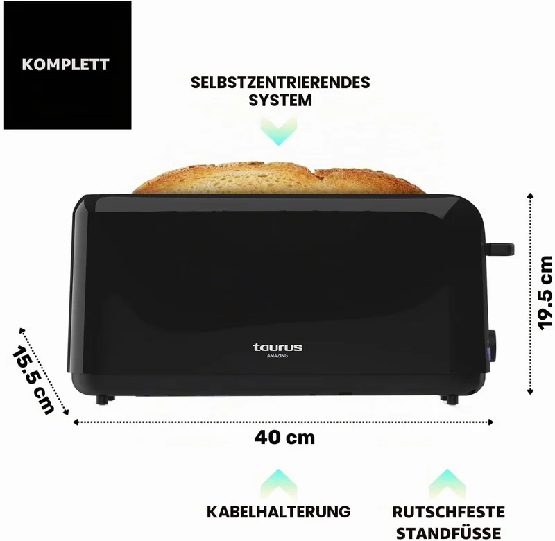 Taurus Amazing TO3000 - Brotröster 1450W, 2 extra lange und extra breite Schlitze, 6 Toaststufen, 3