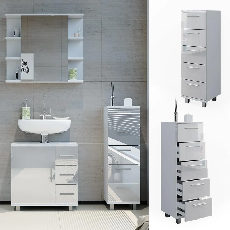 Vicco Badschrank Ilias, Weiss Hochglanz, 30 x 95 cm, Weiss Hochglanz