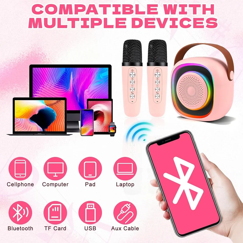 Karaoke Maschine Kinder mit 2 Karaoke Mikrofon Kinde Mini Tragbares Bluetooth Lautsprecher mit Stimm