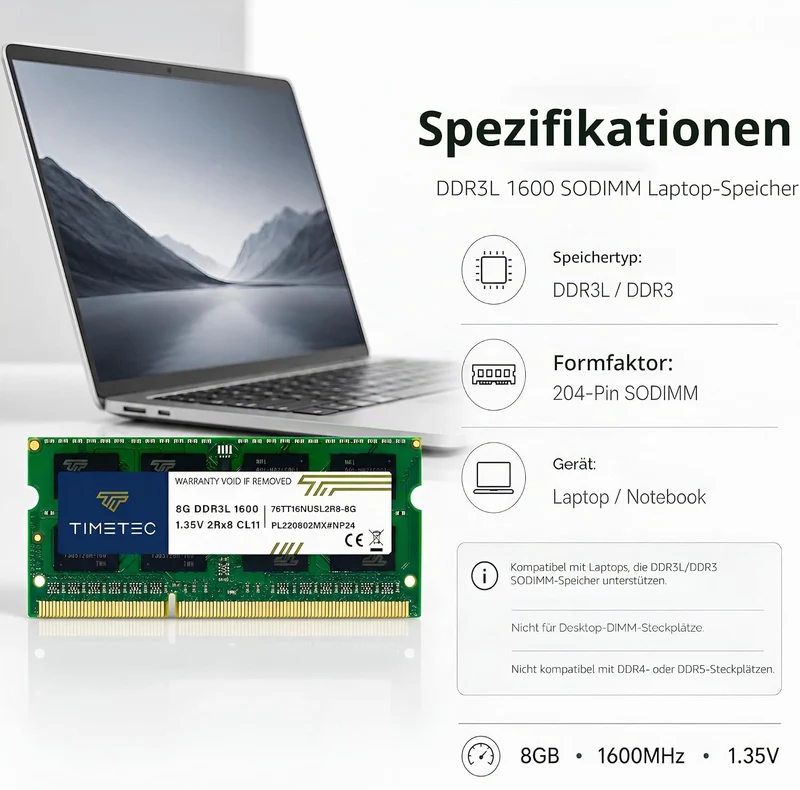 Timetec 32GB KIT (4 x 8GB) DDR3L / DDR3 1600 MHz (DDR3L-1600) PC3L-12800 / PC3-12800 Non-ECC ungepuf