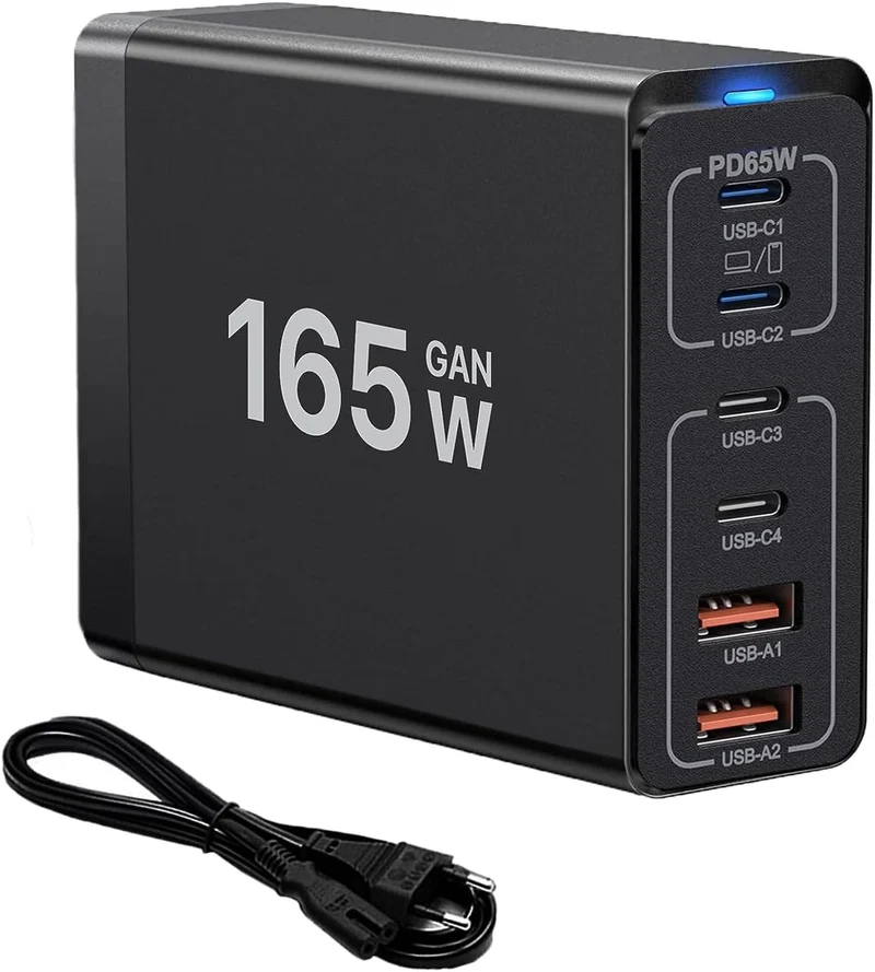 165W USB C Ladegerät GaN, Mehrfach USB Ladegerät【4USB-C + 2USB-A】 PD Ladegerät, 6-Port Ladestation K