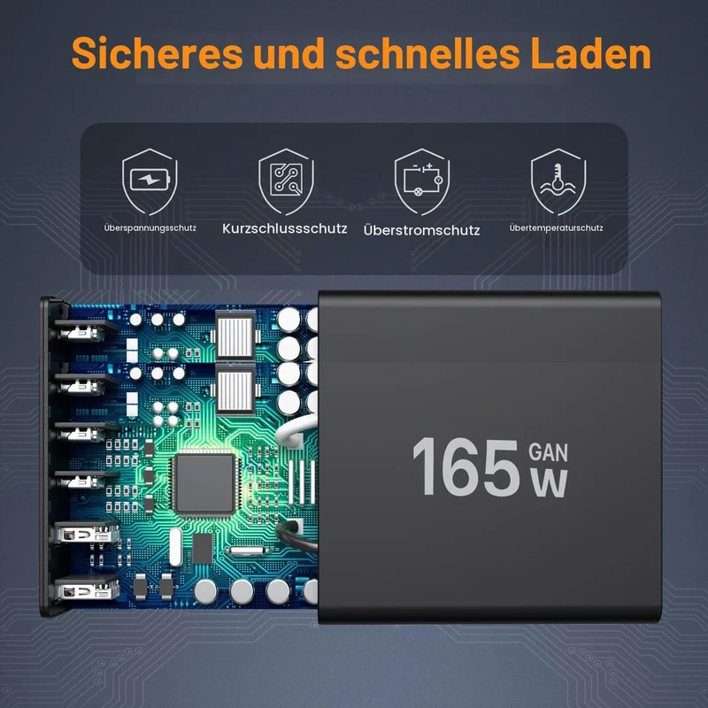 165W USB C Ladegerät GaN, Mehrfach USB Ladegerät【4USB-C + 2USB-A】 PD Ladegerät, 6-Port Ladestation K