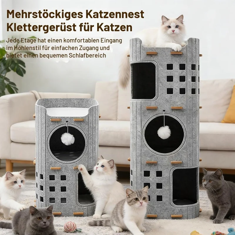 2-Stöckiges Katzenhöhle aus Filz – Katzenbett kratztonne für Katzen höhle, 60x37cm, Design mit Schut