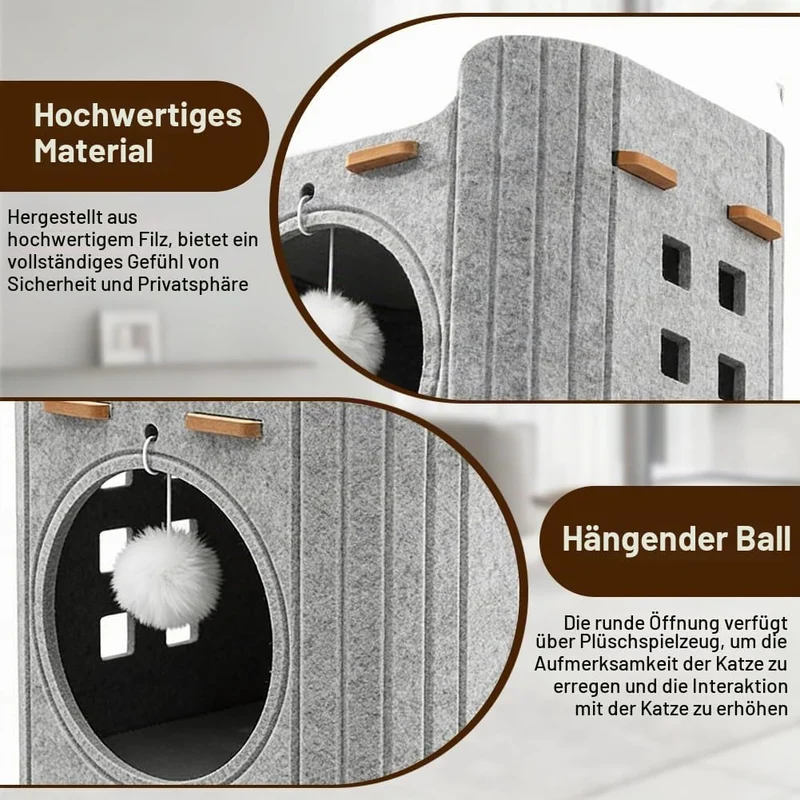 2-Stöckiges Katzenhöhle aus Filz – Katzenbett kratztonne für Katzen höhle, 60x37cm, Design mit Schut