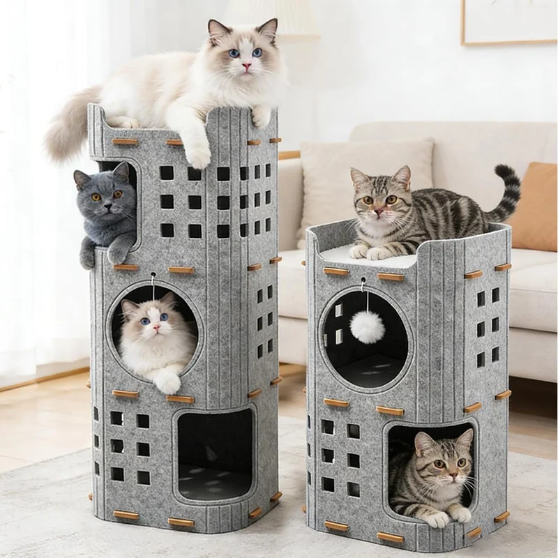 2-Stöckiges Katzenhöhle aus Filz – Katzenbett kratztonne für Katzen höhle, 60x37cm, Design mit Schut