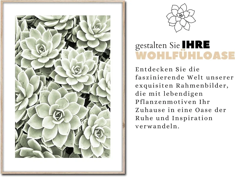 Rahmenbild Succulent | Artbox Wandbild | Bild mit Holz Rahmen Optik Framepic | Sukkulent Garten Zimm