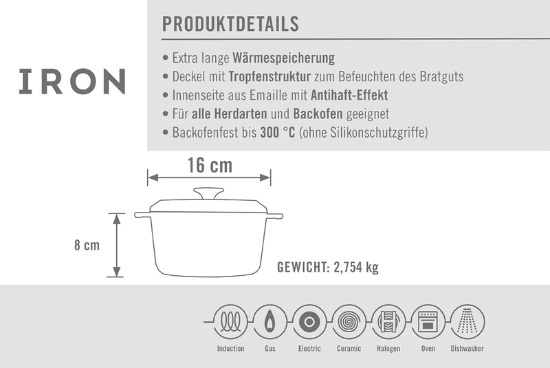 Woll Iron Gusstopf mit Deckel und Silikongriffen - Induktiv -, Ø 16 cm, 8 cm hoch, 1,3l - Geeignet f