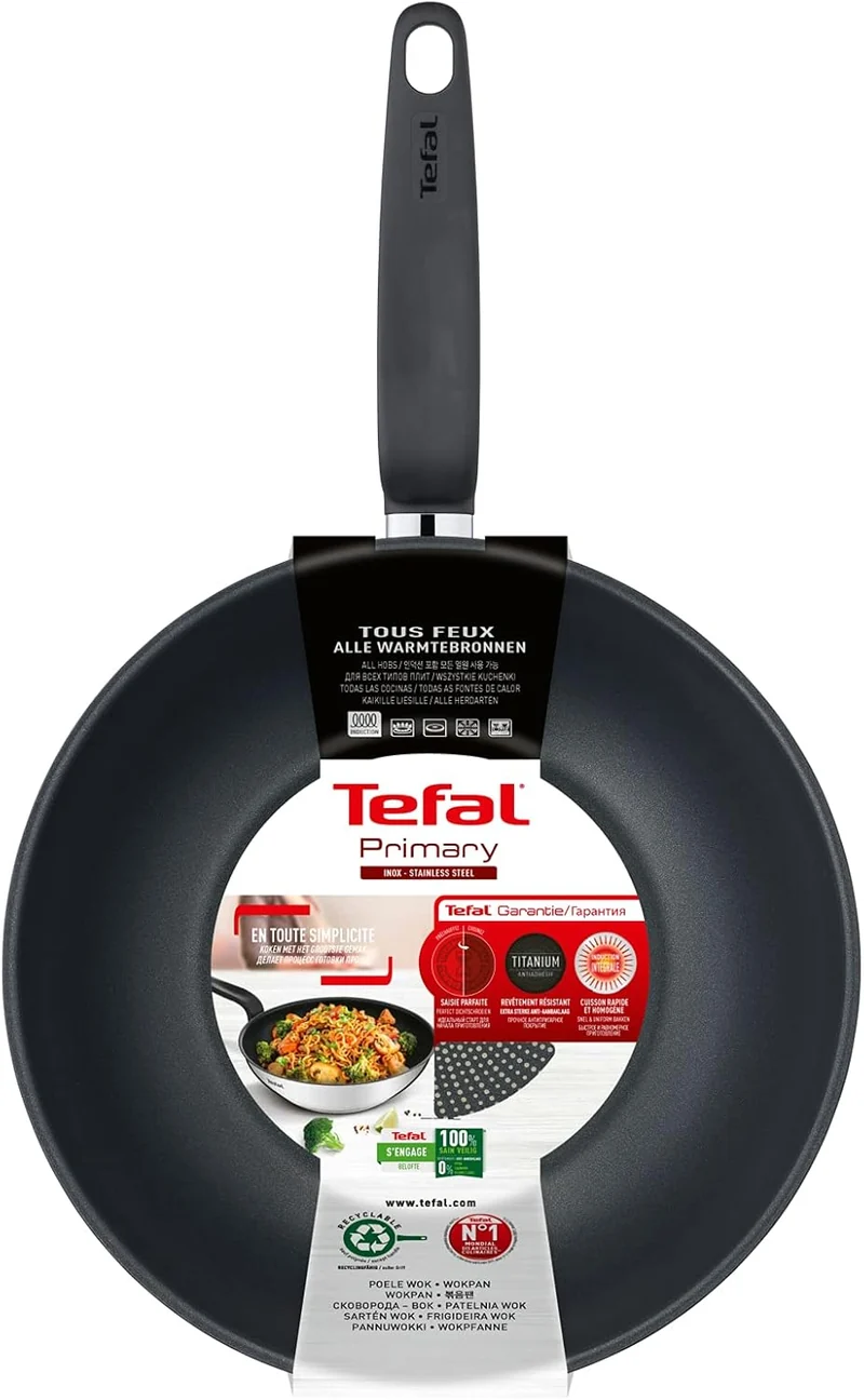 Tefal Primary Wokpfanne 28 cm, Edelstahl mit Antihaftbeschichtung Wok Antihaftbeschichtung 28 cm, Wo