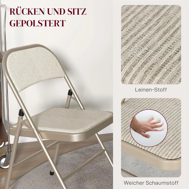 HOMCOM Klappstuhl mit Gepolsteter Rückenlehne 6er Set bis 120 kg Beige Stoff mit Leinenoptik (100% P