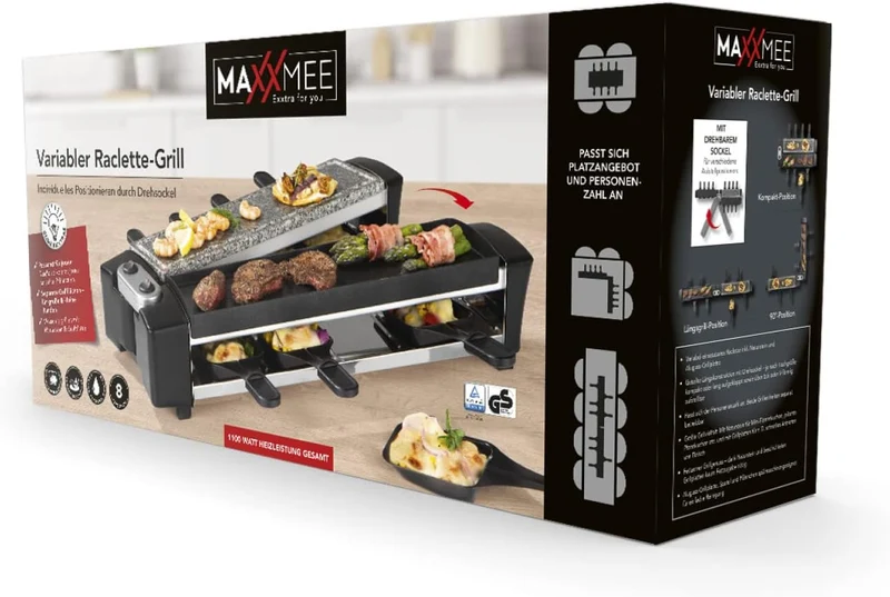 MAXXMEE Raclette Grill | 2 Grillzonen | Naturstein & Aluguss für grosse Grillvielfalt | Bis 180° sch