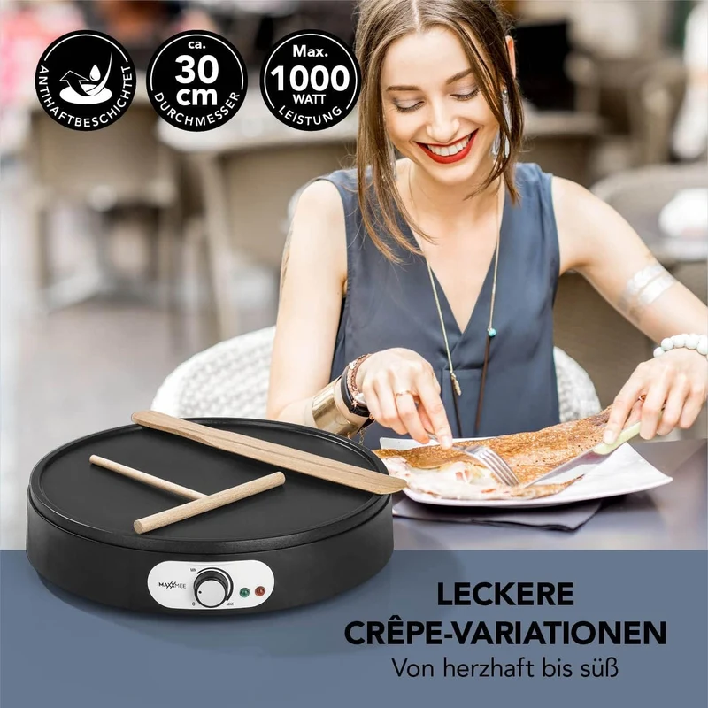 MAXXMEE Crepes Maker mit Teigverteiler & Wender aus Holz | Crêpe Maker mit Ø 30 cm, antihaftbeschich