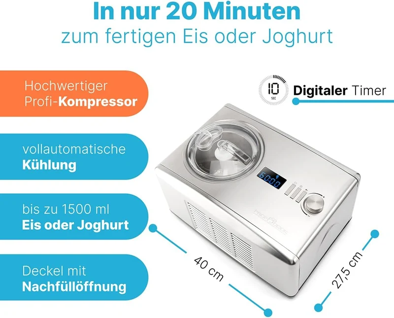 Profi Cook Eismaschine PC-ICM 1091 N, 2-in-1 Eiscreme- und Joghurt-Maker im Edelstahl-Gehäuse, Ice-M