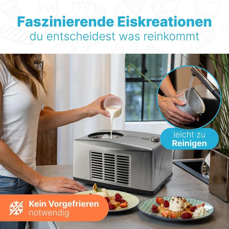 Profi Cook Eismaschine PC-ICM 1091 N, 2-in-1 Eiscreme- und Joghurt-Maker im Edelstahl-Gehäuse, Ice-M
