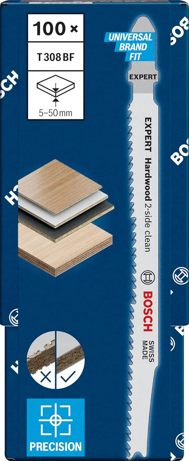 Bosch Professional 100x Stichsägeblatt Expert ‘Hardwood 2-Side Clean’ T 308 BF (für Kunststoffbeschi