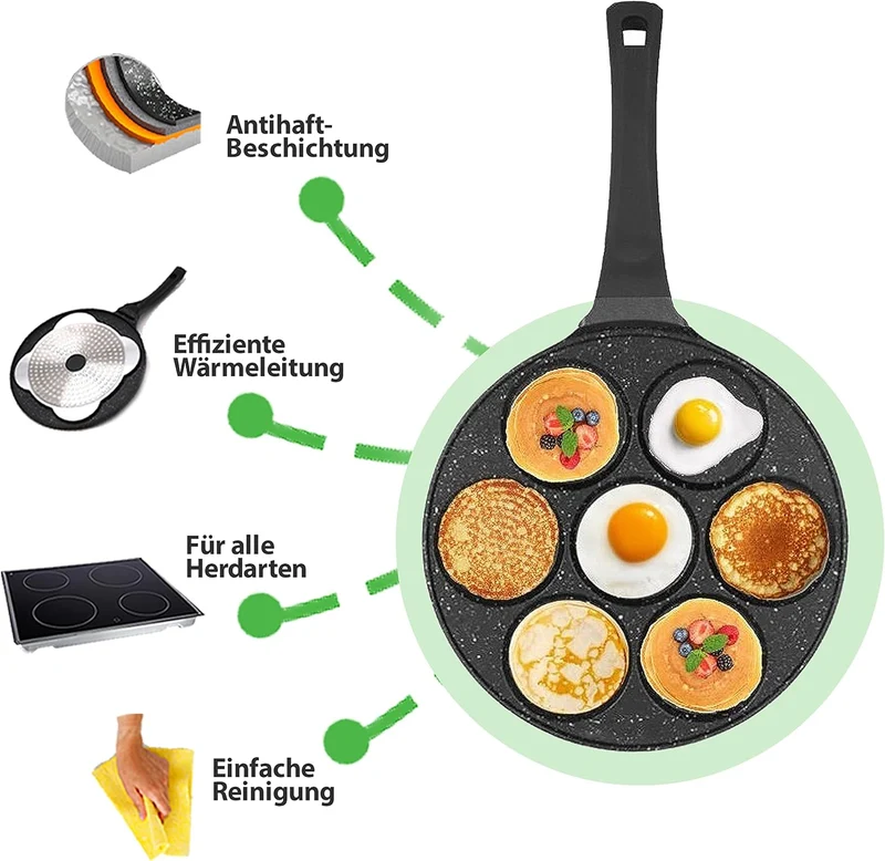 Amalindo Pancake Pfanne Ø26cm Spiegeleipfanne für 7 Eier | Pancakepfanne Antihaft-Beschichtung | Pfa
