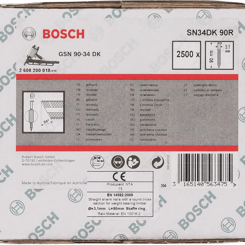 Bosch Professional 2608200018 Nagel D-Kopf Nagel 34°, blank, geringt; SN34DK 90R 90Rx3,1xmm,x90xmm,