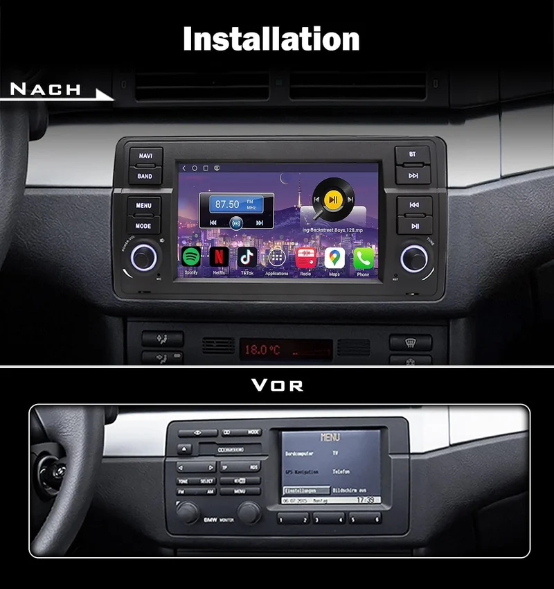 Erisin Qualcomm Android 16 4GB+64GB 8-Kern Autoradio Bluetooth GPS Navi für BMW 3er M3 E46 318 320 R