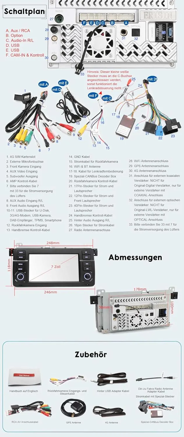 Erisin Qualcomm Android 16 4GB+64GB 8-Kern Autoradio Bluetooth GPS Navi für BMW 3er M3 E46 318 320 R