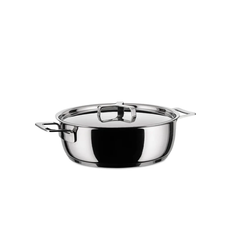 Alessi "POTS & PANS" Flache Kasserolle mit zwei Griffen aus Edelstahl, 24 cm, 24 cm