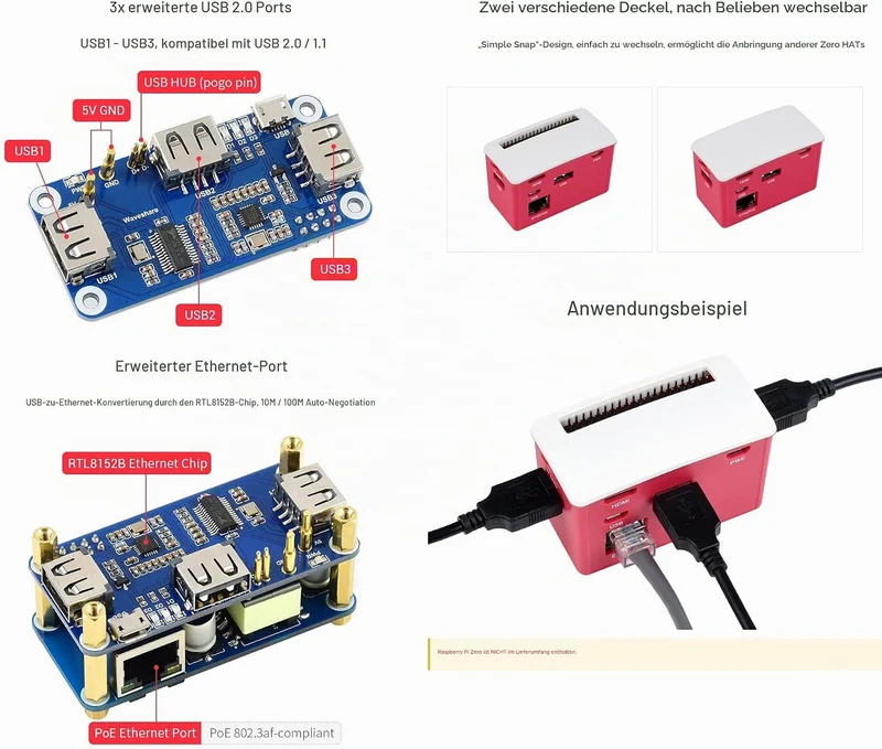 Waveshare PoE Ethernet/USB HUB Box for Raspberry Pi Zero Series 3X USB 2.0 Ports 802.3af-Compliant C