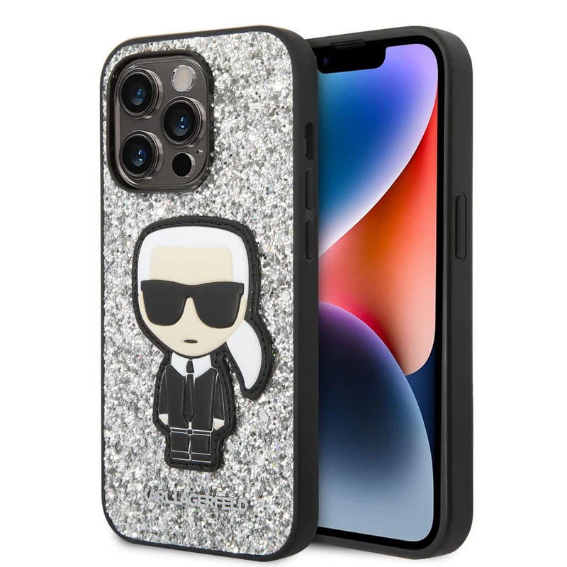 Karl Lagerfeld KLHCP14LGFKPG Hülle für iPhone 14 Pro 6,1" hardcase Silber/Silver Glitter Flakes Ikon