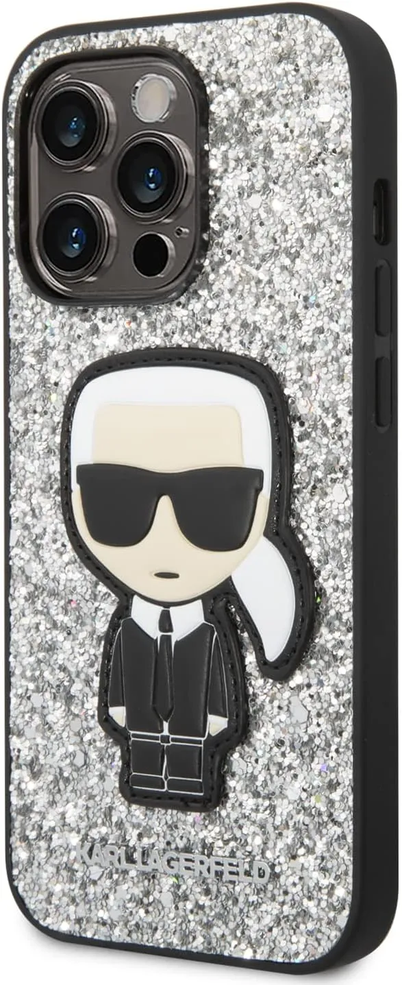 Karl Lagerfeld KLHCP14LGFKPG Hülle für iPhone 14 Pro 6,1" hardcase Silber/Silver Glitter Flakes Ikon