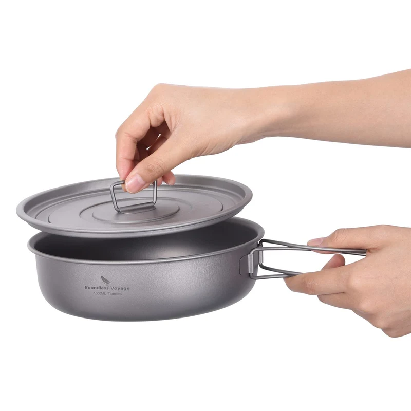 iBasingo 1000ml Titan Bratpfanne Camping Pan Antihaftpfanne mit Deckel & Klappgriffen 19cm Outdoor L