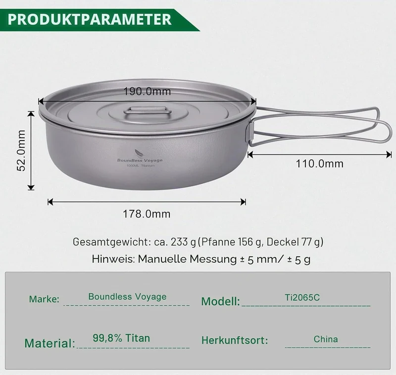 iBasingo 1000ml Titan Bratpfanne Camping Pan Antihaftpfanne mit Deckel & Klappgriffen 19cm Outdoor L
