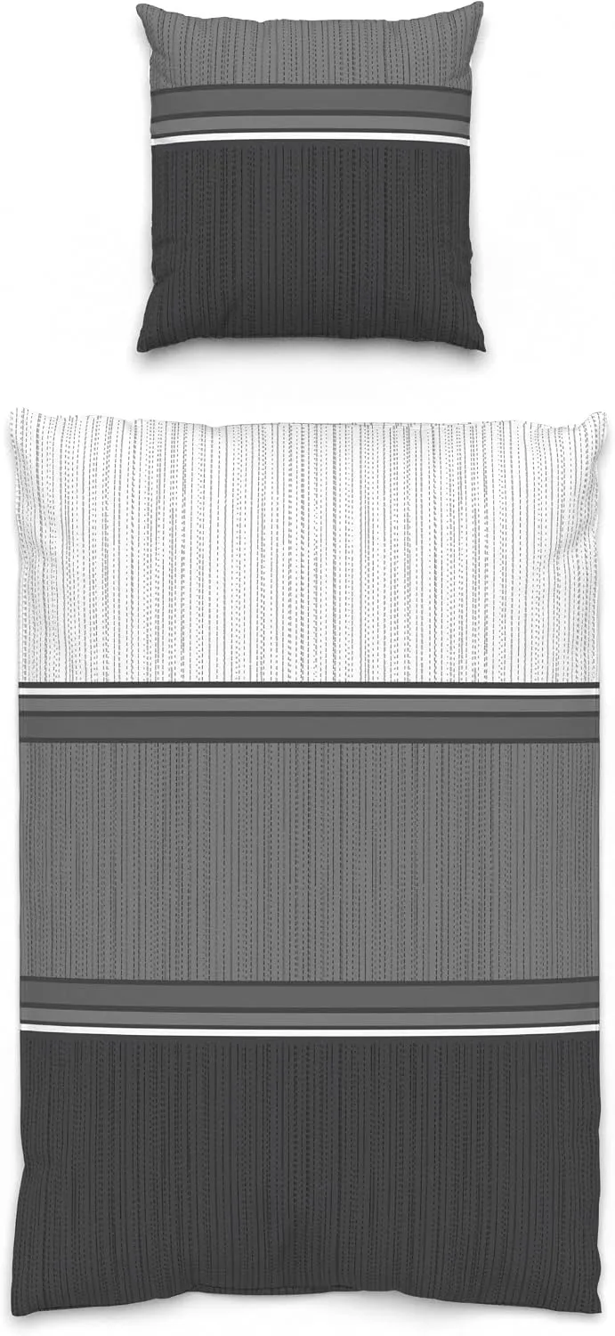 LARAWELL Bettwäsche 135x200 Baumwolle Ganzjahres Bettwäsche-Sets grau schwarz gestreift Premium Grau