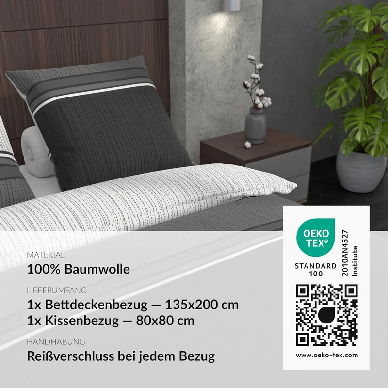 LARAWELL Bettwäsche 135x200 Baumwolle Ganzjahres Bettwäsche-Sets grau schwarz gestreift Premium Grau