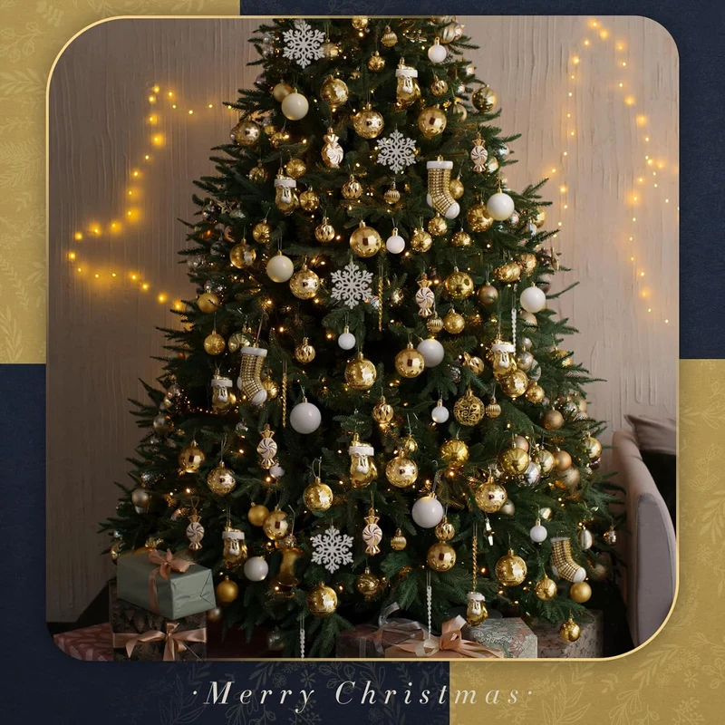 SOLEDI® 128er Set Premium Weihnachtskugeln Kunststoff Gold Weiss mit Baumspitze Stern - Robuste und