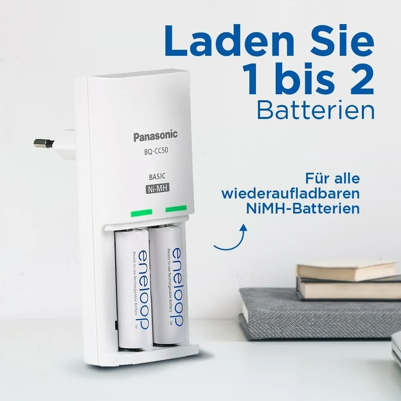 Panasonic eneloop Compact Ladegerät für 1–2 AA/AAA NI-MH-Akkus, mit 2 LED-Anzeigen und 6 Sicherheits