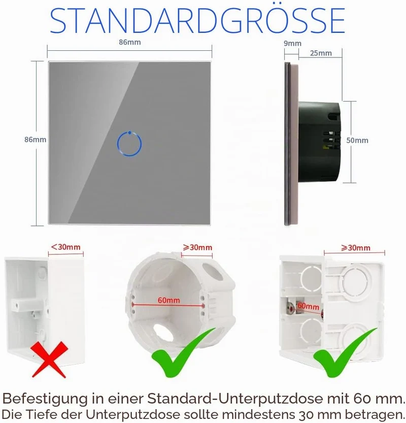 CNBINGO Wechselschalter Unterputz - Touch Lichtschalter Einfach Grau 1 Fach, 2 Weg Grau, 1 Fach, 2 W
