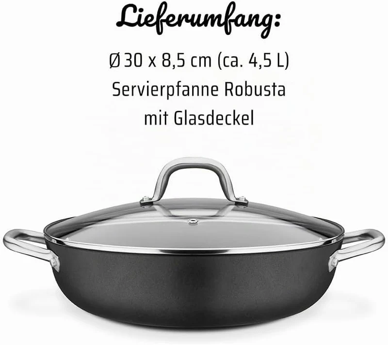 GSW 716499 Servierpfanne Robusta 30cm mit Glasdeckel, Gusseisen, Edelstahl rostfrei, schwarz