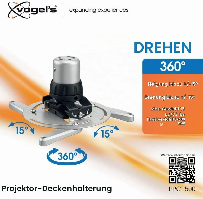Vogel's PPC 1500 Projektor-Deckenhalterung für 30-337mm (1,2-13,2 Zoll) Projektoren, drehbar und nei