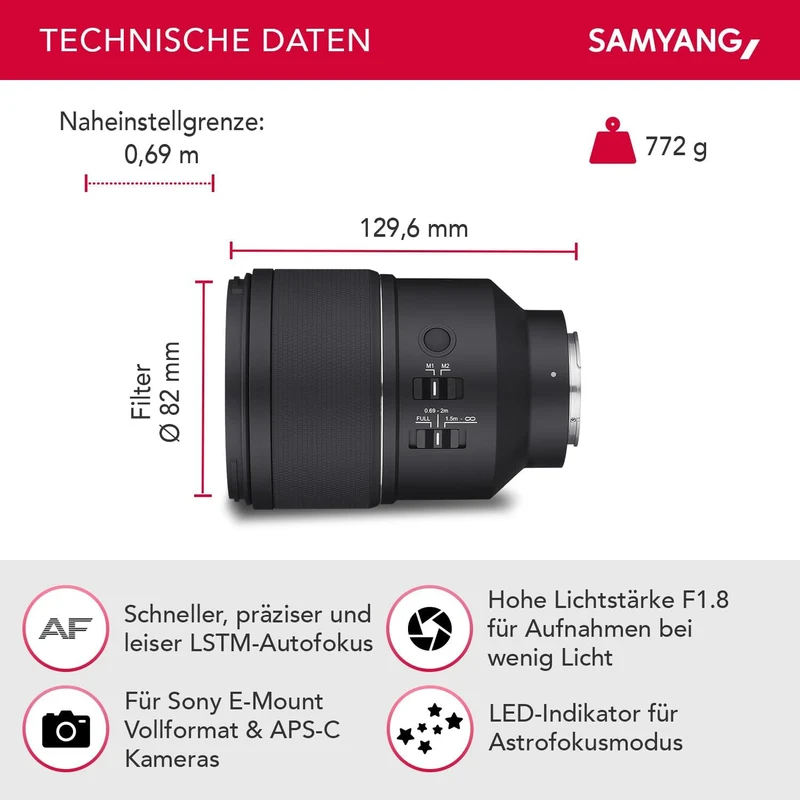 Samyang AF 135mm F1.8 FE für Sony E – Autofokus Vollformat & APS-C Teleobjektiv, lichtstarke Festbre